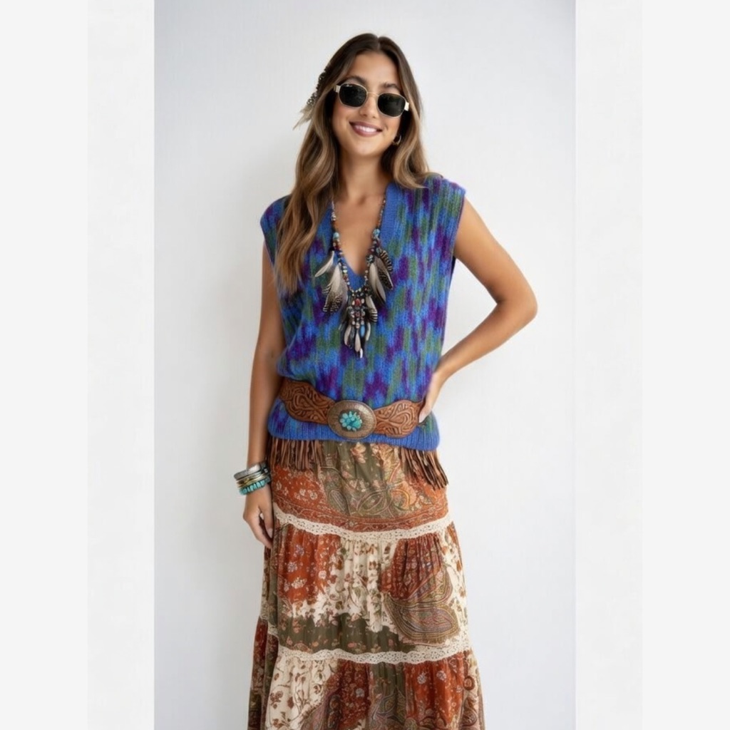 Handmade Women's Tight Knit Crochet Vest Medium Purple Teal Green Hippy Grandma